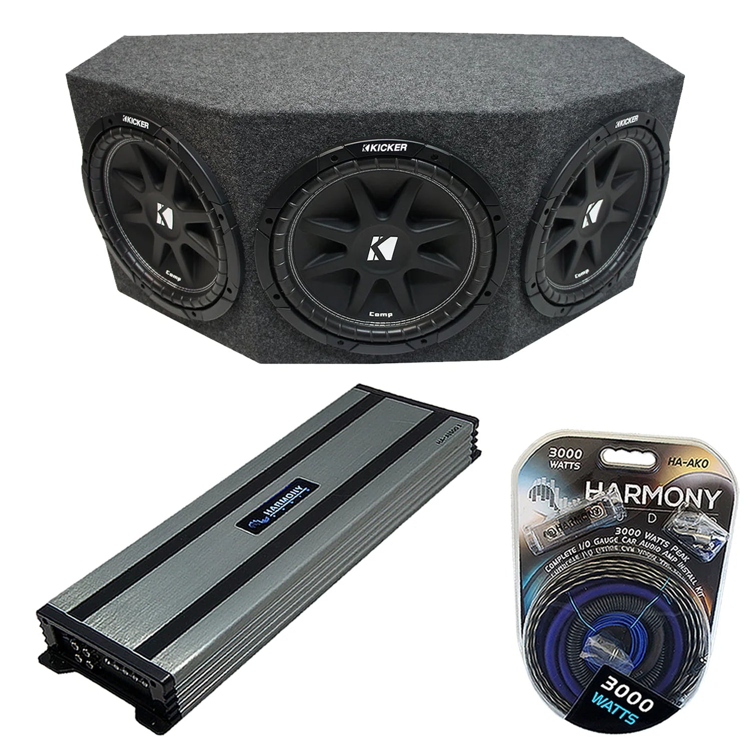 Kicker Triple 10" Loaded Subwoofer Box,1500 Watt & HA-A1500.1 Amp